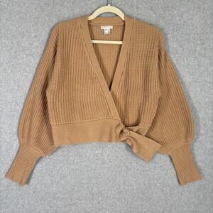 Venus Sweater Womens Small Tan Cardigan Wrap Crop Camel Puff Balloon Sleeve Sexy